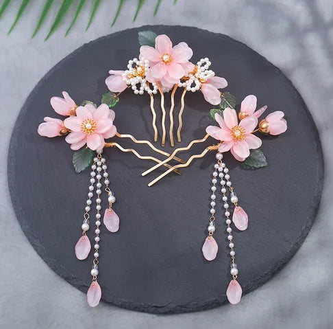 Chinese Flower Hairpin Long Tassel Step Shake Vintage Pearl Hair Clips Ancient Wedding Hair Accessories Retro Hanfu Jewelry Sets