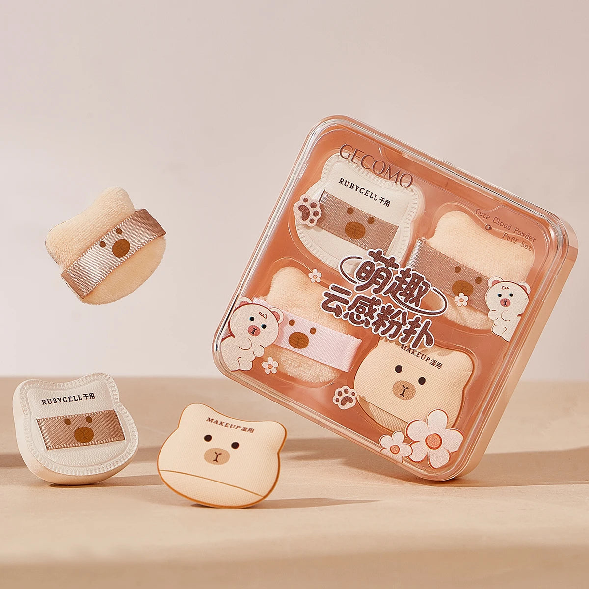 5PCS  Cute Bear Powder Puff Set Soft Flocking Wet & Dry Use Sponge Mini Fingertip Puff for Makeup Application