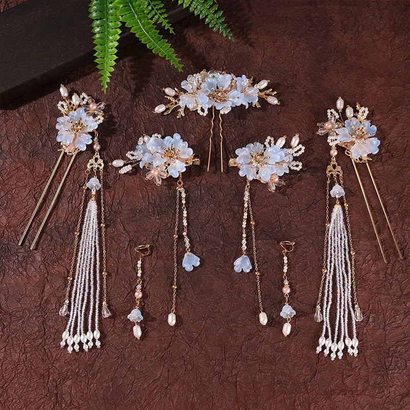 Chinese Flower Hairpin Long Tassel Step Shake Vintage Pearl Hair Clips Ancient Wedding Hair Accessories Retro Hanfu Jewelry Sets