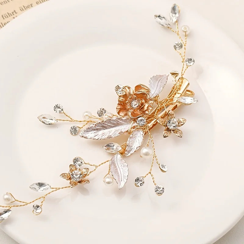 Trendy Gold Silver Color Flower Leaf Crystal Hairpin Headband Tiara Bridal Wedding Hair Accessories Headpiece Jewelry Ornaments