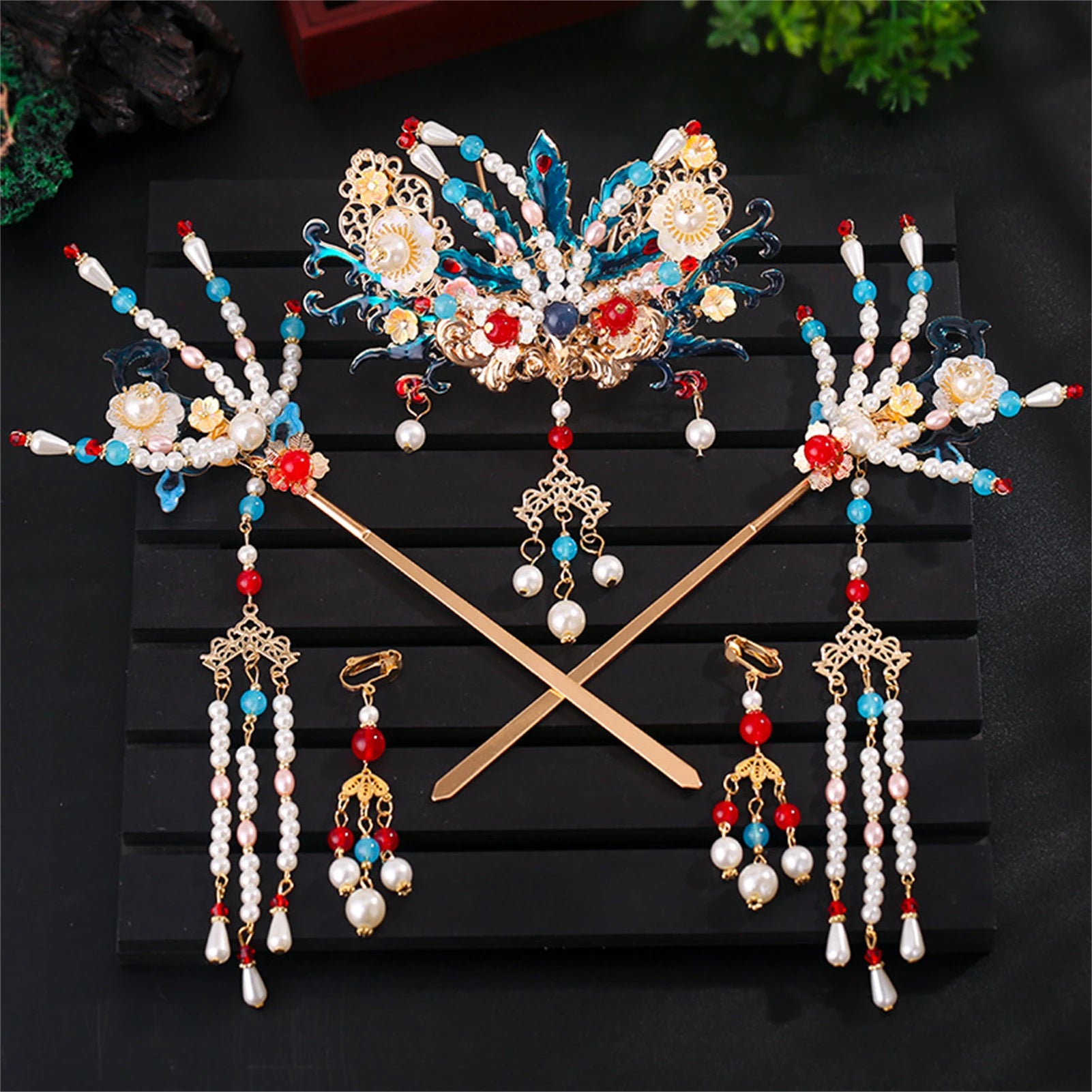 Chinese Flower Hairpin Long Tassel Step Shake Vintage Pearl Hair Clips Ancient Wedding Hair Accessories Retro Hanfu Jewelry Sets