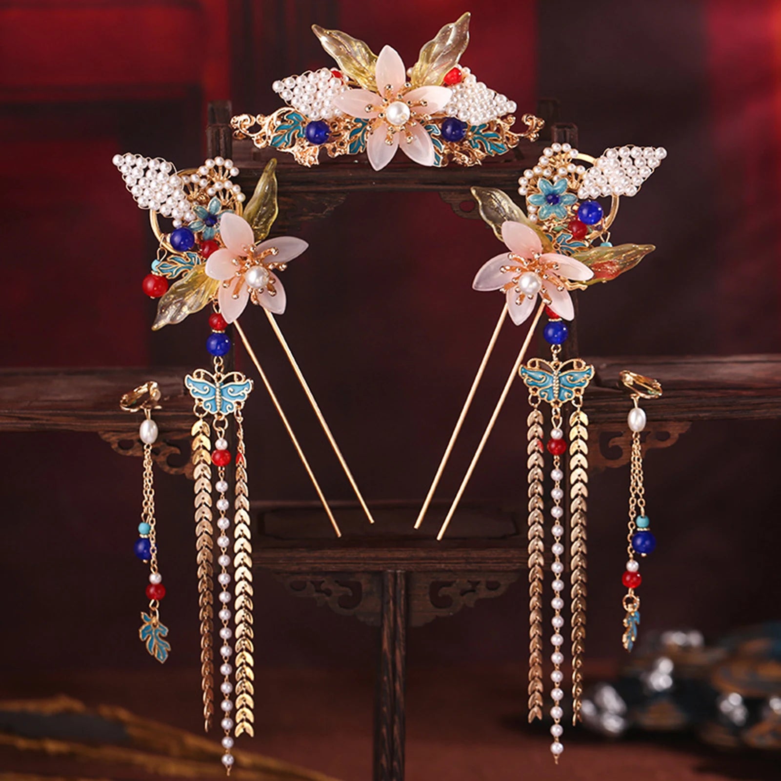 Chinese Flower Hairpin Long Tassel Step Shake Vintage Pearl Hair Clips Ancient Wedding Hair Accessories Retro Hanfu Jewelry Sets