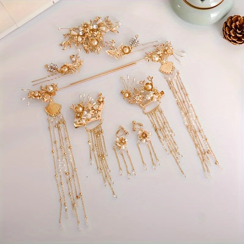 Pearl Flower Leaf Hair Clip Hairpin Headband Earring Set Party Hanfu Wedding Hair Accessories Jewelry Clip Pin Band