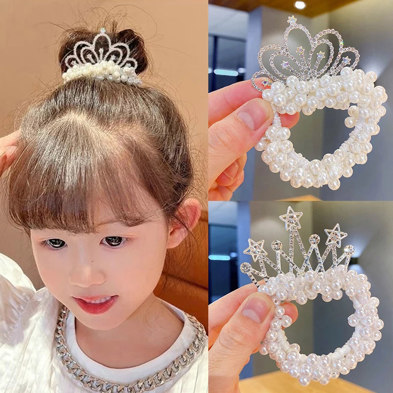 2PC Fashion Pearl Crown Princess Hair Bands Elastic Rubber Bands Children Ball Hair Bun Ties Hair Styling Accessories