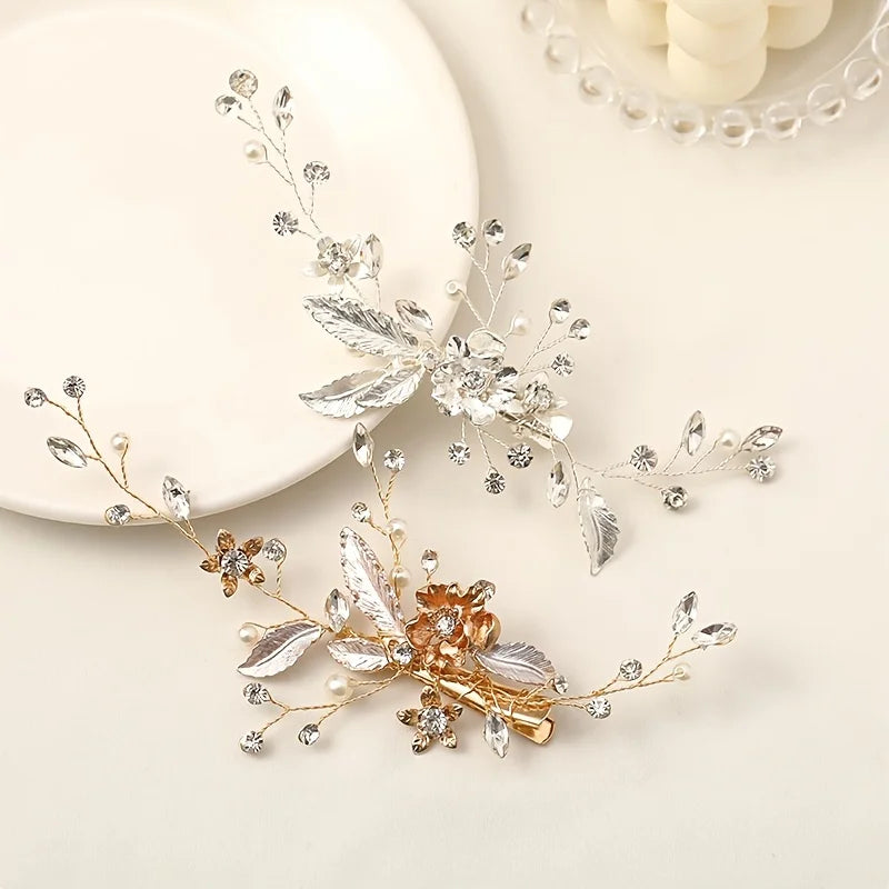 Trendy Gold Silver Color Flower Leaf Crystal Hairpin Headband Tiara Bridal Wedding Hair Accessories Headpiece Jewelry Ornaments