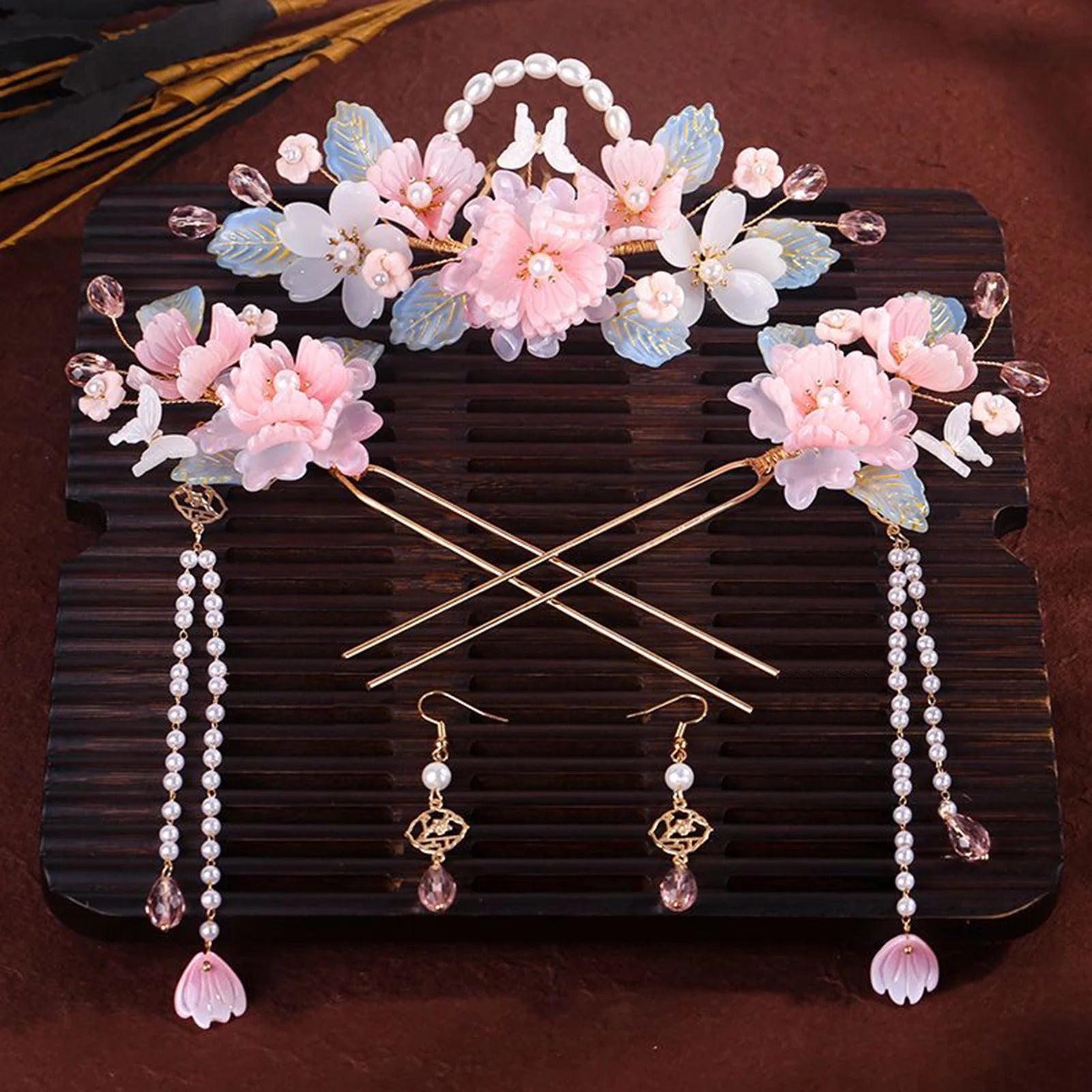 Chinese Hanfu Pink Flower Hair Crown Hairpin Earrings with Long Tassel Retro Headwear Ancient Style Hair Accessories Gifts
