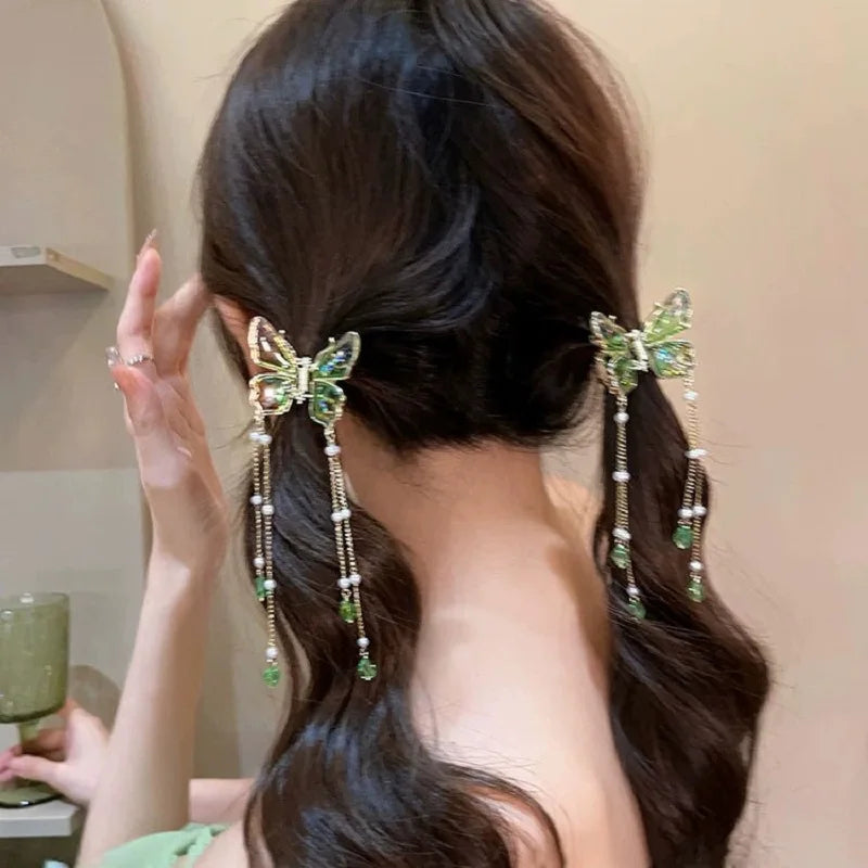 New Chinese Style Cool and Elegant Gradient, Butterfly Hair Clip New Style Pearl Tassel Light Luxury Hairpin High-end Shark Clip