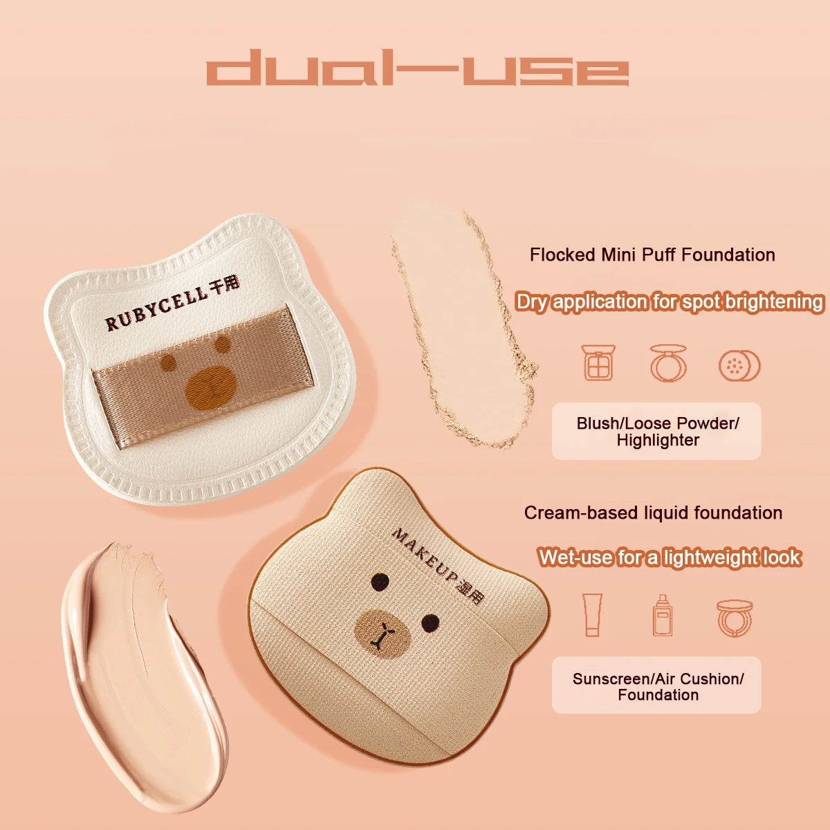 5PCS  Cute Bear Powder Puff Set Soft Flocking Wet & Dry Use Sponge Mini Fingertip Puff for Makeup Application