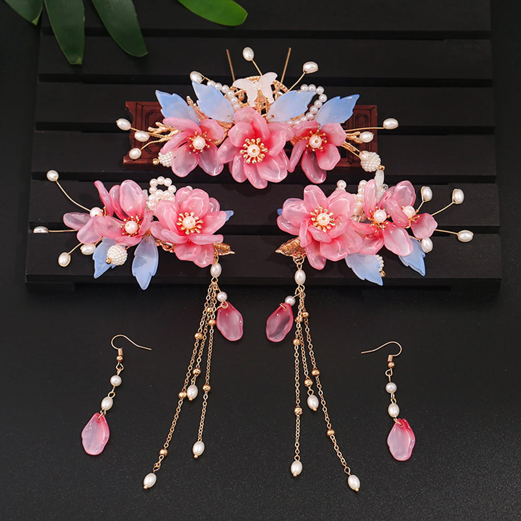Chinese Flower Hairpin Long Tassel Step Shake Vintage Pearl Hair Clips Ancient Wedding Hair Accessories Retro Hanfu Jewelry Sets