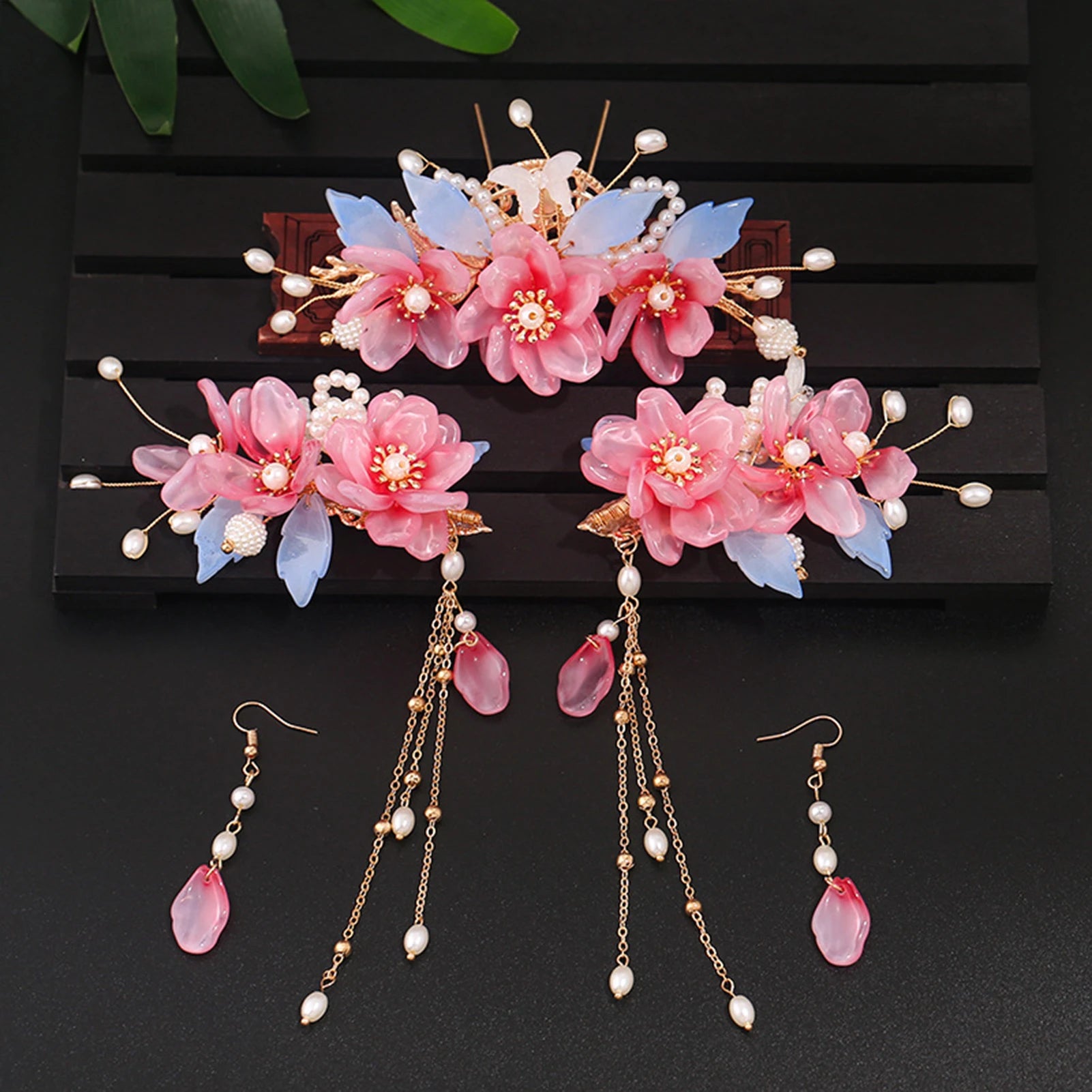 Chinese Flower Hairpin Long Tassel Step Shake Vintage Pearl Hair Clips Ancient Wedding Hair Accessories Retro Hanfu Jewelry Sets
