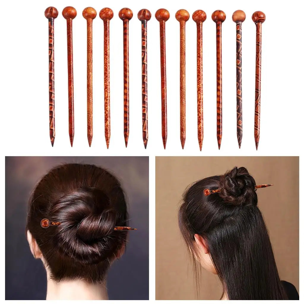 12Pieces 5.12inch Retro Hair Sticks Flowers Printed Wood Hairpin Chopsticks Wooden Hairpin Headdress DIY Accessories