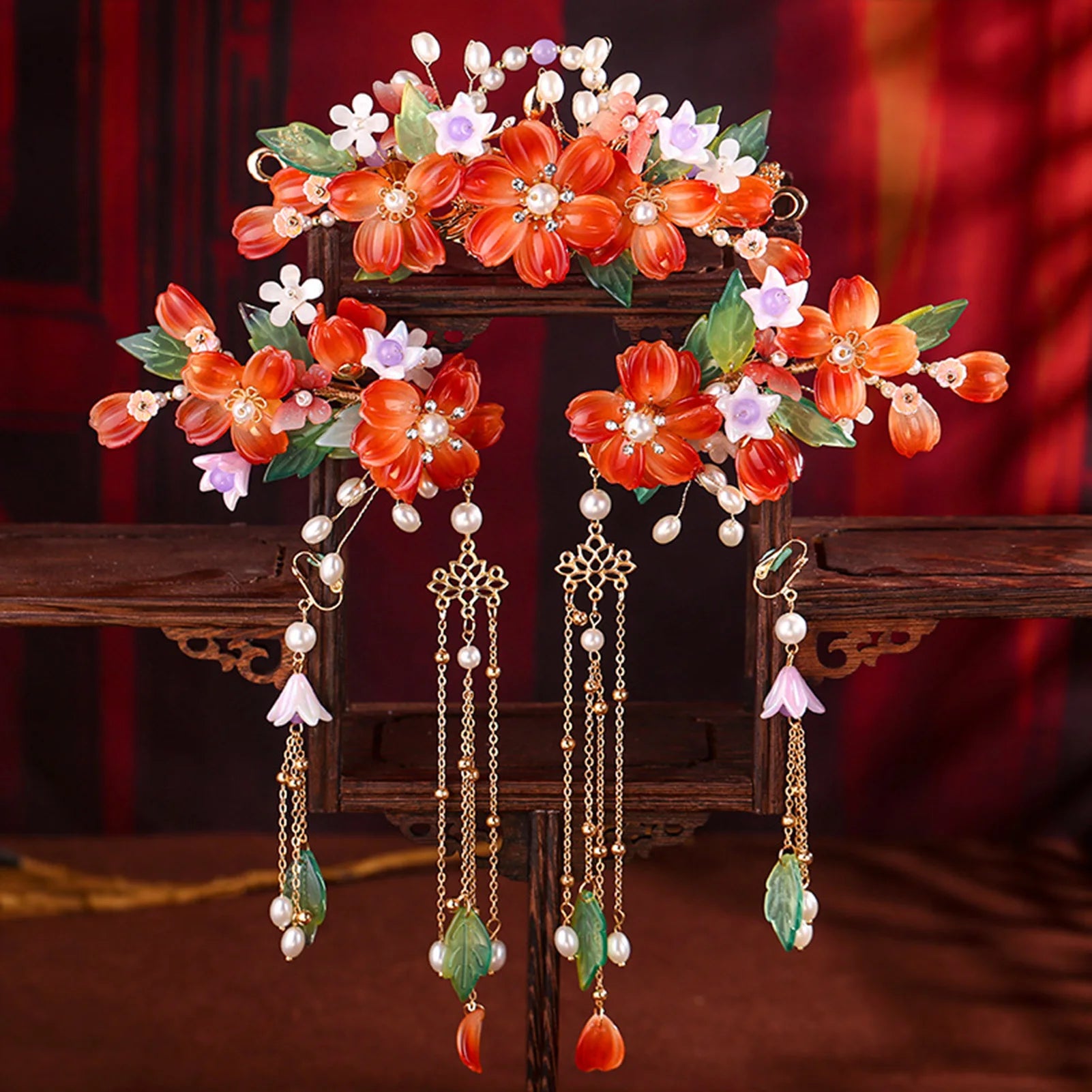 Chinese Flower Hairpin Long Tassel Step Shake Vintage Pearl Hair Clips Ancient Wedding Hair Accessories Retro Hanfu Jewelry Sets