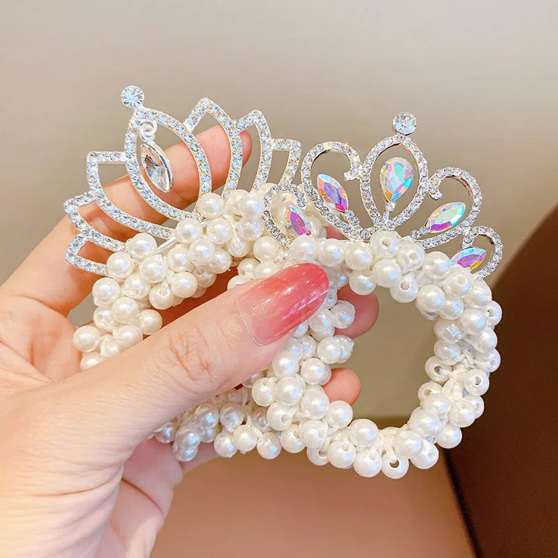 2PC Fashion Pearl Crown Princess Hair Bands Elastic Rubber Bands Children Ball Hair Bun Ties Hair Styling Accessories