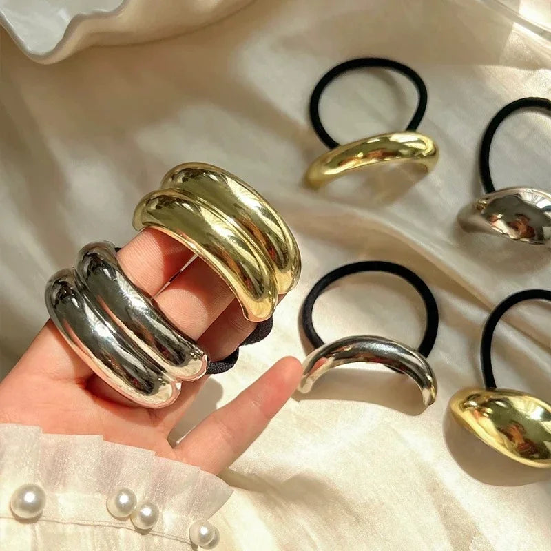 3PCS Hair Ties Irregular Geometric Charms Elastic Rubber Band Gold Silver Metal Hair Cuff Rope for Women Girls Hair Accessories
