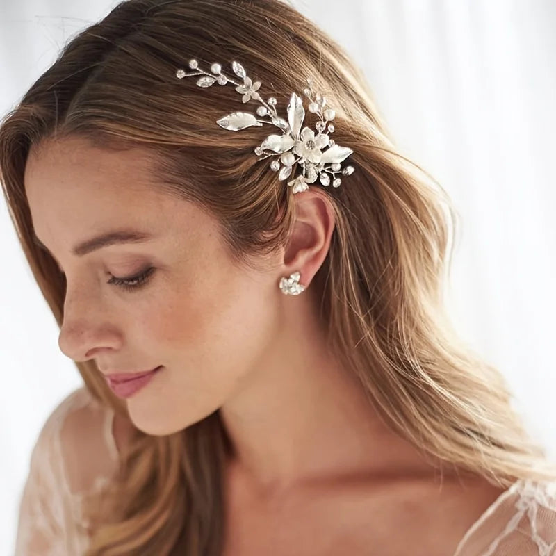 Trendy Gold Silver Color Flower Leaf Crystal Hairpin Headband Tiara Bridal Wedding Hair Accessories Headpiece Jewelry Ornaments