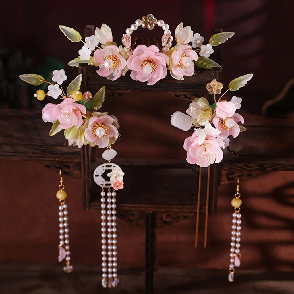 Chinese Flower Hairpin Long Tassel Step Shake Vintage Pearl Hair Clips Ancient Wedding Hair Accessories Retro Hanfu Jewelry Sets