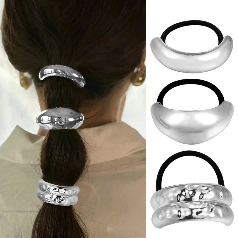 3PCS Hair Ties Irregular Geometric Charms Elastic Rubber Band Gold Silver Metal Hair Cuff Rope for Women Girls Hair Accessories