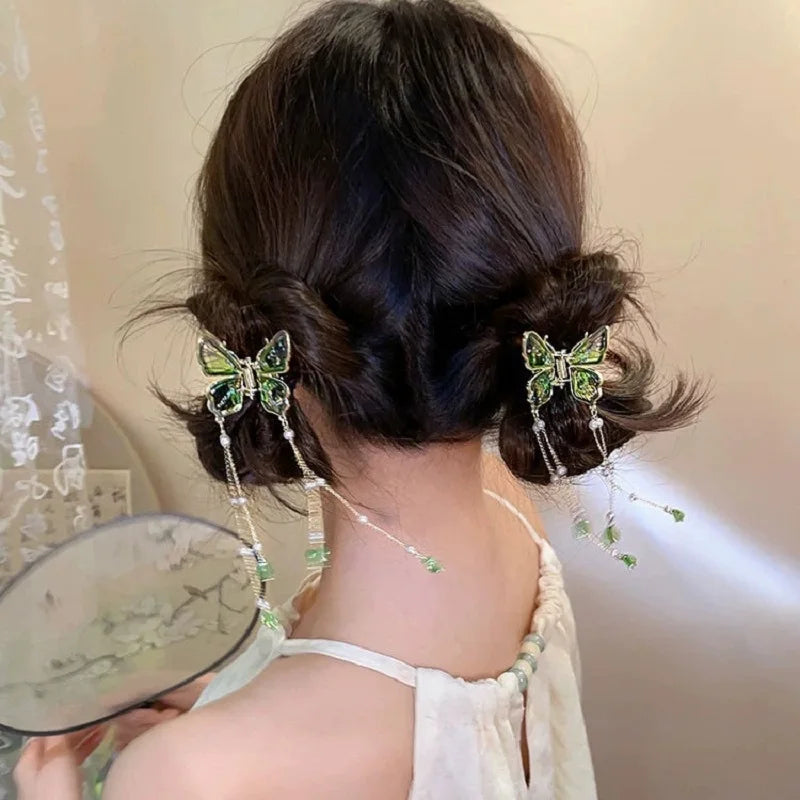 New Chinese Style Cool and Elegant Gradient, Butterfly Hair Clip New Style Pearl Tassel Light Luxury Hairpin High-end Shark Clip