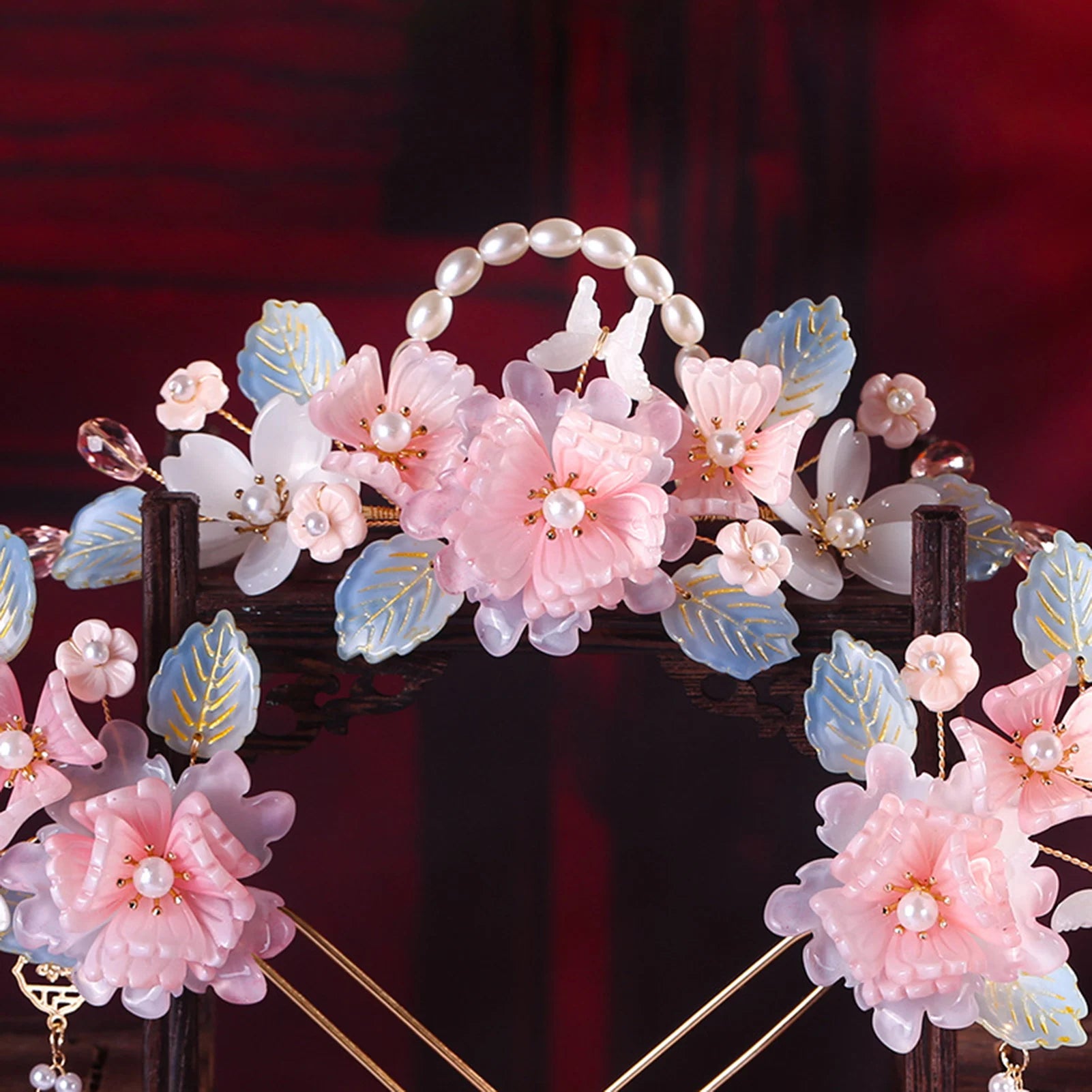 Chinese Hanfu Pink Flower Hair Crown Hairpin Earrings with Long Tassel Retro Headwear Ancient Style Hair Accessories Gifts