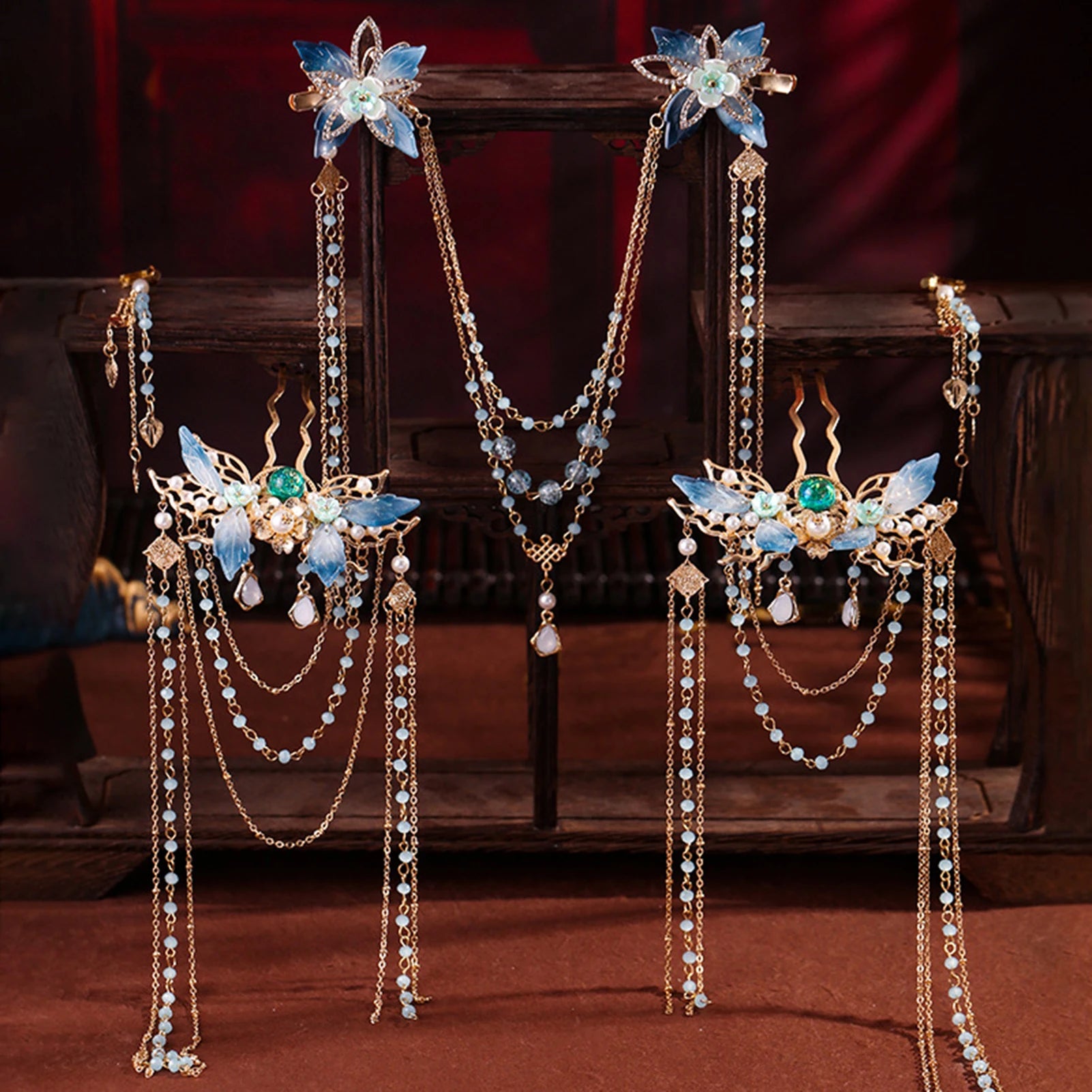Chinese Flower Hairpin Long Tassel Step Shake Vintage Pearl Hair Clips Ancient Wedding Hair Accessories Retro Hanfu Jewelry Sets