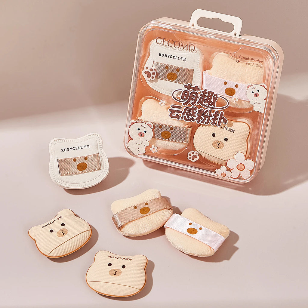 5PCS  Cute Bear Powder Puff Set Soft Flocking Wet & Dry Use Sponge Mini Fingertip Puff for Makeup Application