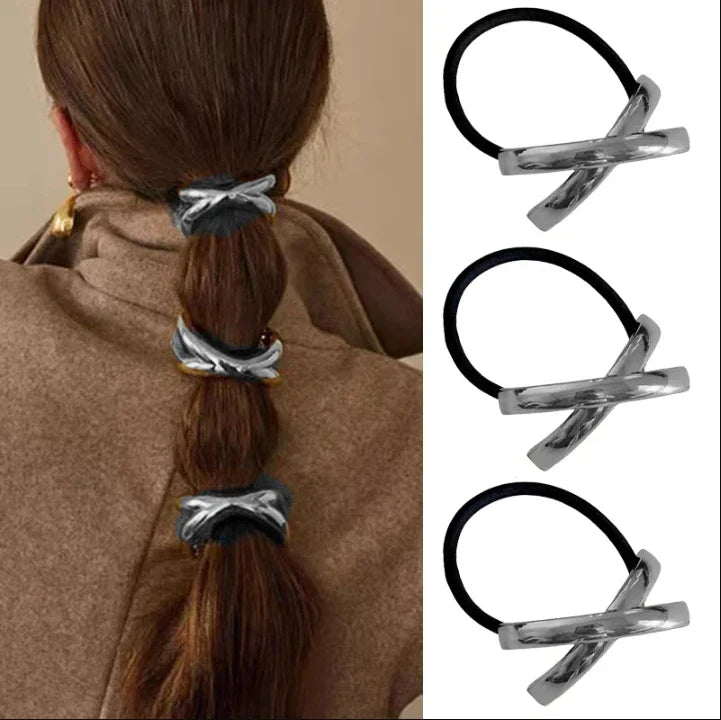 3PCS Hair Ties Irregular Geometric Charms Elastic Rubber Band Gold Silver Metal Hair Cuff Rope for Women Girls Hair Accessories