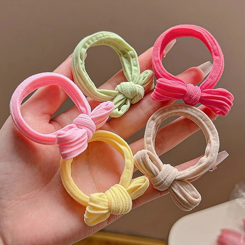 5pcs/Set Simple Bow Hair Ties Ropes Colorful Elastic Seamless Ponytail Holder Rubber Band For Toddler Girls
