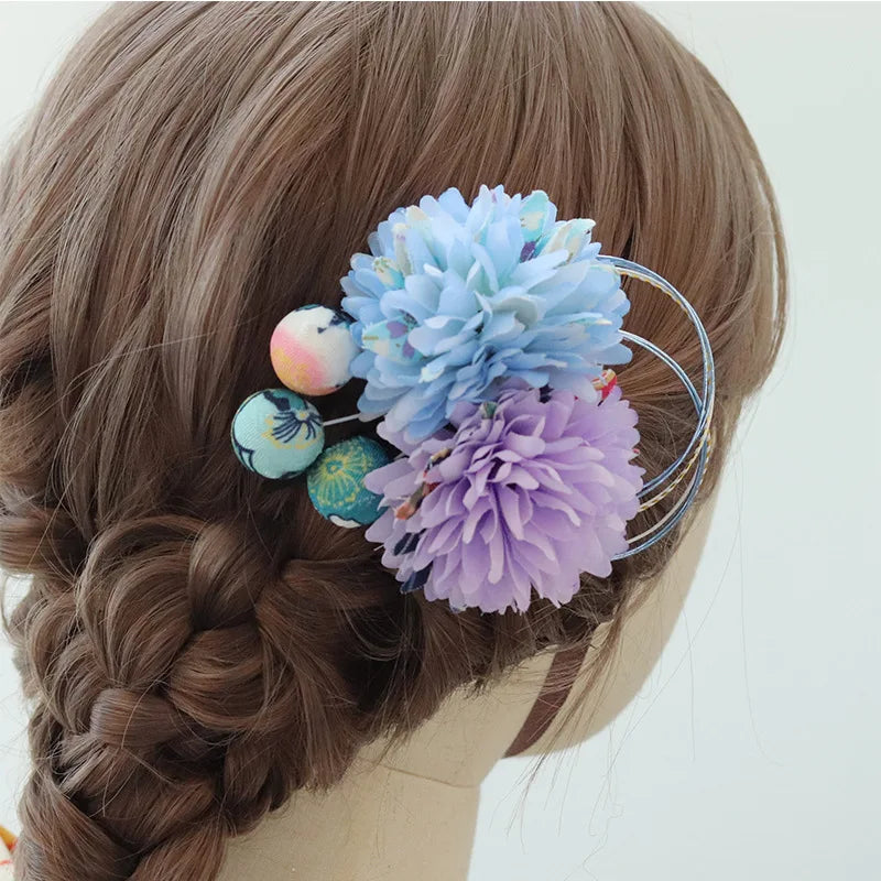 Japanese Style Handmade Fabric Flower Tassel Hairpin Hanfu Hair Accessory Kimono Headdress Accessories Two-dimensional Edge Clip