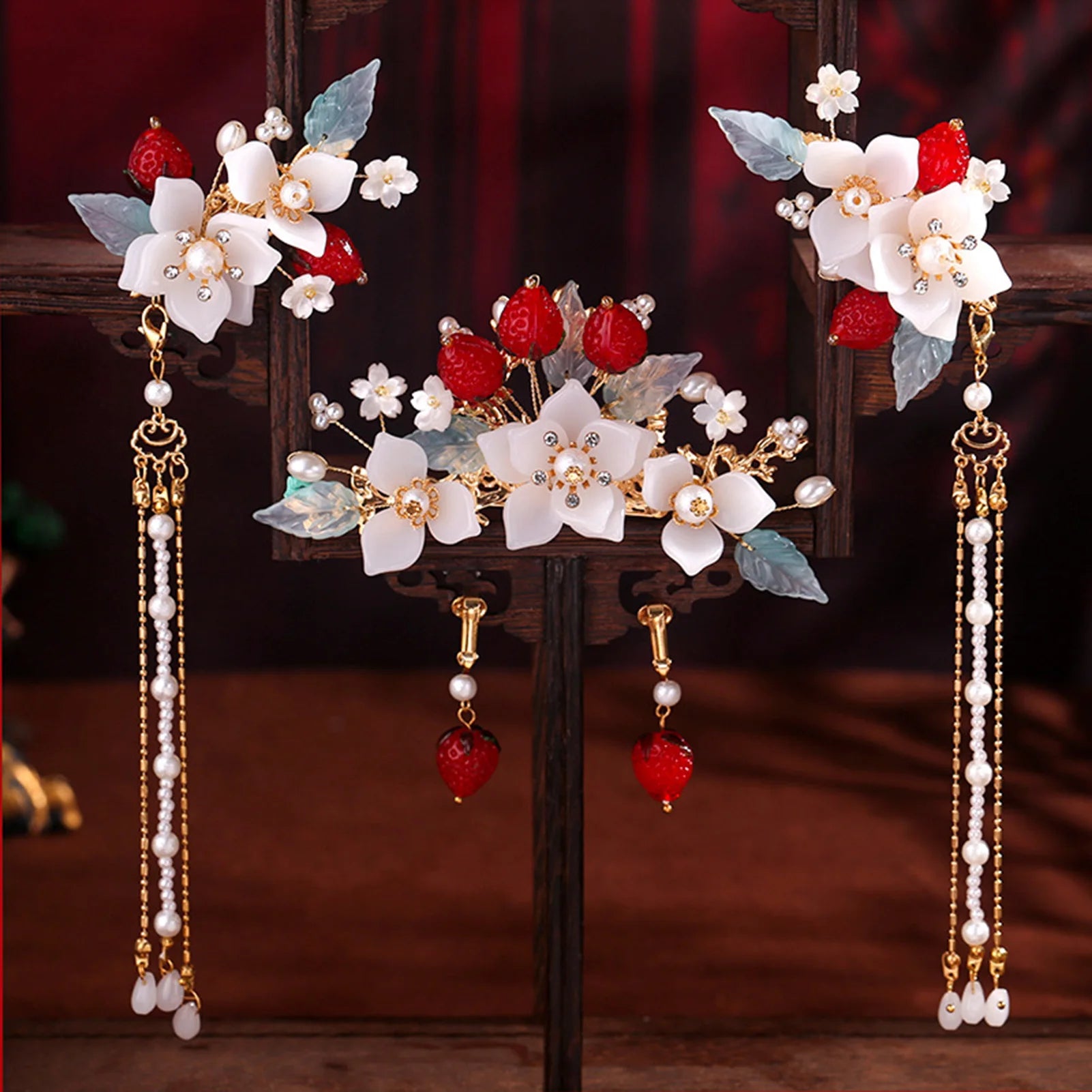 Chinese Flower Hairpin Long Tassel Step Shake Vintage Pearl Hair Clips Ancient Wedding Hair Accessories Retro Hanfu Jewelry Sets