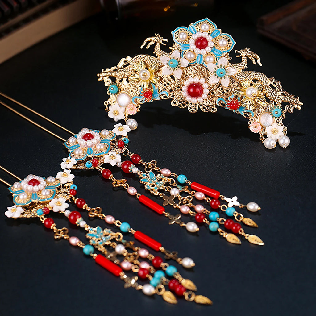Chinese Flower Hairpin Long Tassel Step Shake Vintage Pearl Hair Clips Ancient Wedding Hair Accessories Retro Hanfu Jewelry Sets