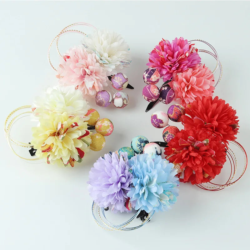 Japanese Style Handmade Fabric Flower Tassel Hairpin Hanfu Hair Accessory Kimono Headdress Accessories Two-dimensional Edge Clip