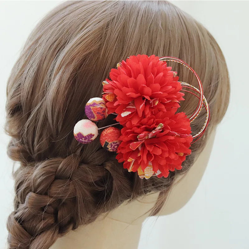 Japanese Style Handmade Fabric Flower Tassel Hairpin Hanfu Hair Accessory Kimono Headdress Accessories Two-dimensional Edge Clip