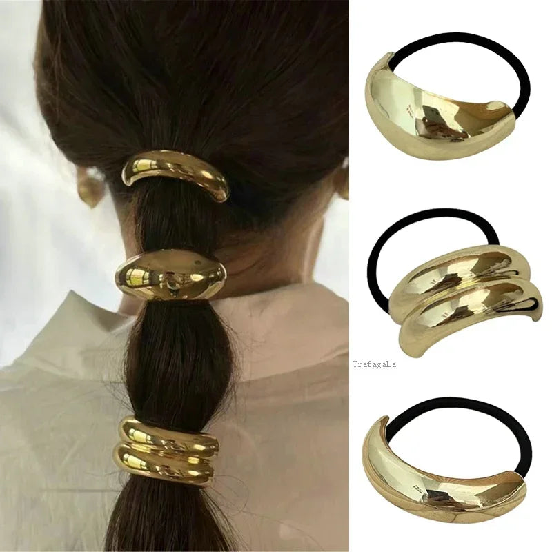 3PCS Hair Ties Irregular Geometric Charms Elastic Rubber Band Gold Silver Metal Hair Cuff Rope for Women Girls Hair Accessories