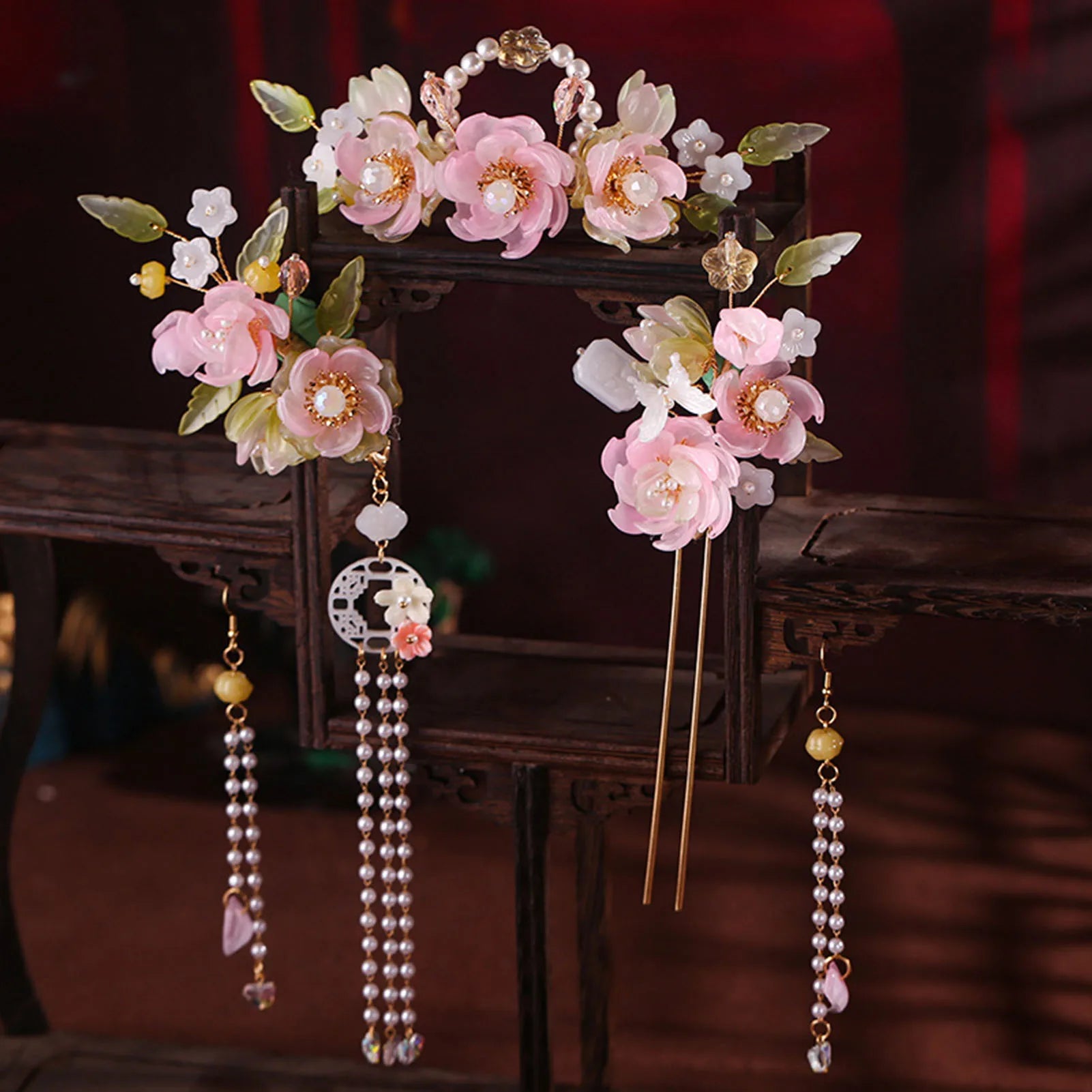 Chinese Flower Hairpin Long Tassel Step Shake Vintage Pearl Hair Clips Ancient Wedding Hair Accessories Retro Hanfu Jewelry Sets