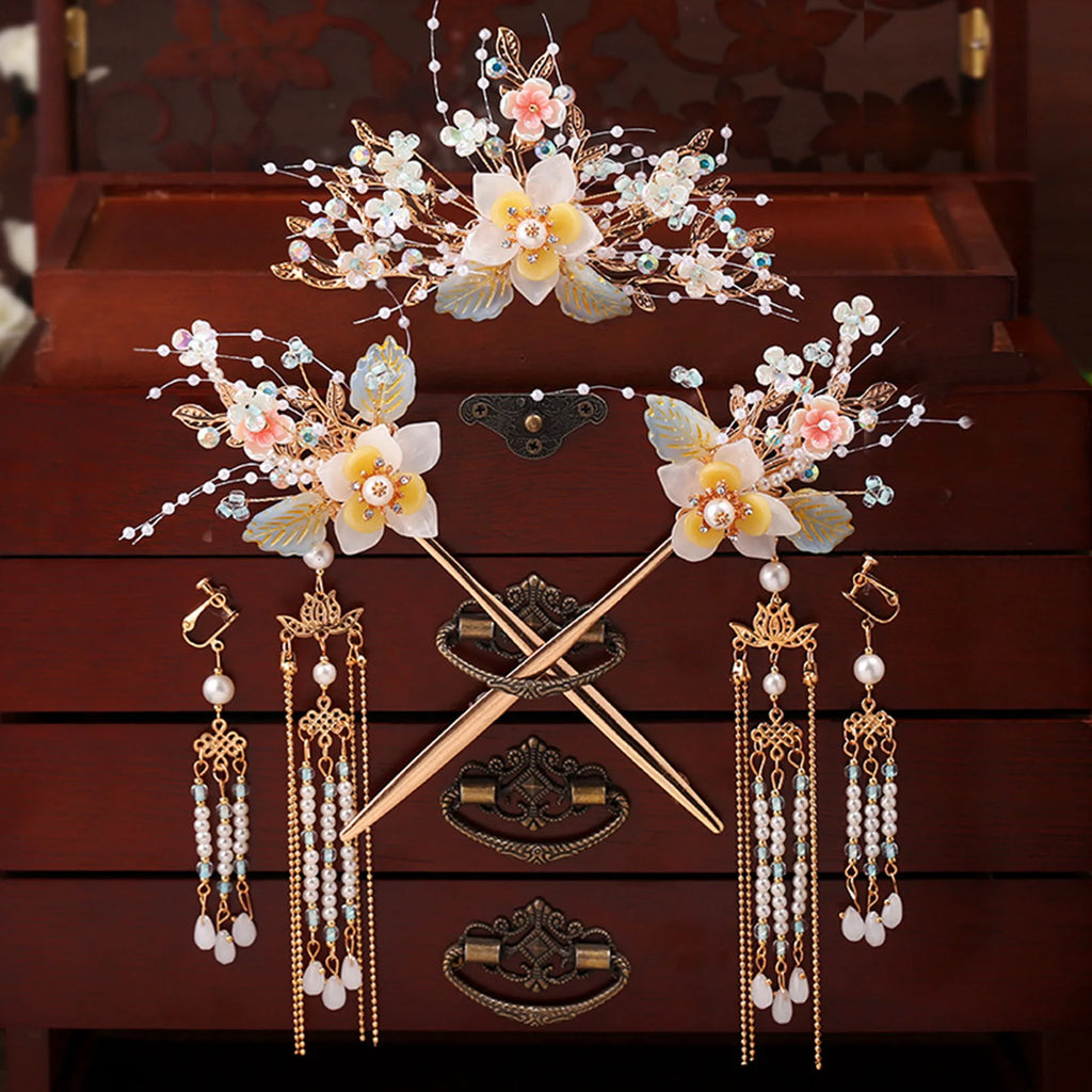 Chinese Flower Hairpin Long Tassel Step Shake Vintage Pearl Hair Clips Ancient Wedding Hair Accessories Retro Hanfu Jewelry Sets