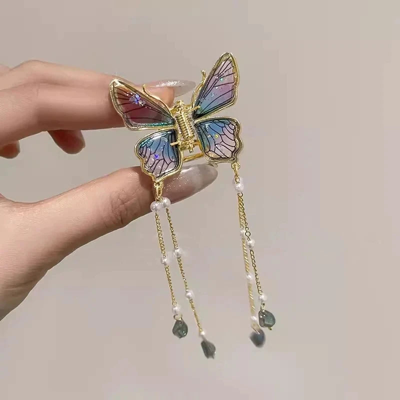 New Chinese Style Cool and Elegant Gradient, Butterfly Hair Clip New Style Pearl Tassel Light Luxury Hairpin High-end Shark Clip