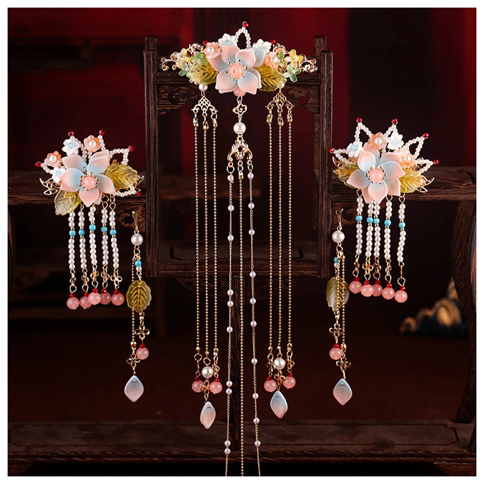Chinese Flower Hairpin Long Tassel Step Shake Vintage Pearl Hair Clips Ancient Wedding Hair Accessories Retro Hanfu Jewelry Sets