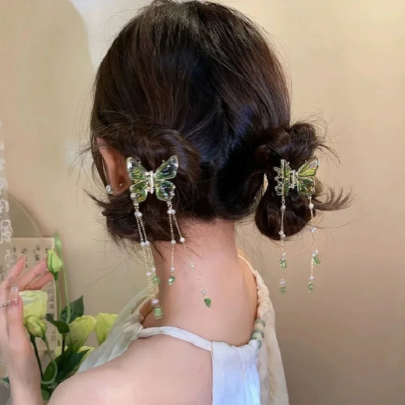 New Chinese Style Cool and Elegant Gradient, Butterfly Hair Clip New Style Pearl Tassel Light Luxury Hairpin High-end Shark Clip