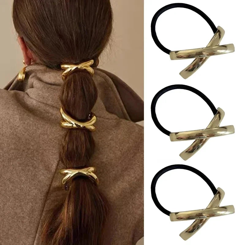 3PCS Hair Ties Irregular Geometric Charms Elastic Rubber Band Gold Silver Metal Hair Cuff Rope for Women Girls Hair Accessories