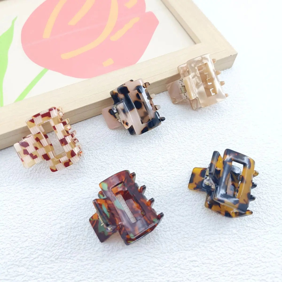 Mini 3.5cm Small Square Hollow Leopard Print Multi-color Checkerboard Clip Personality Simple Acrylic Small Claw Hairpines