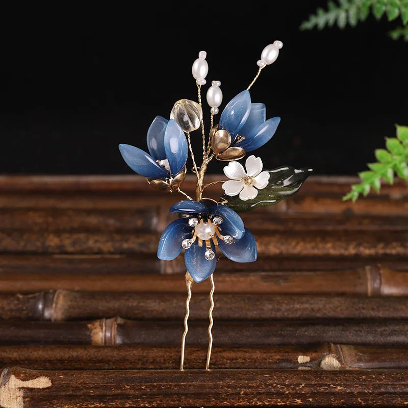 Chinese Wedding Hair Jewelry Sets Blue Flower Fringe Hairpin Clips Pearl U-shaped Step Shake Retro Han Costume Hair Accessories