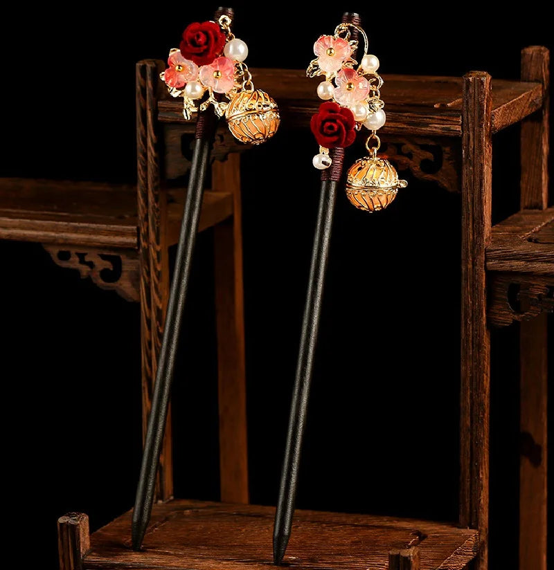 Floral Hairpin Lantern Luminous Chinese Hair Sticks For Hanfu Party Sandalwood Pearl Hair Bun Forks Vintage Hair Clasp Jewelry
