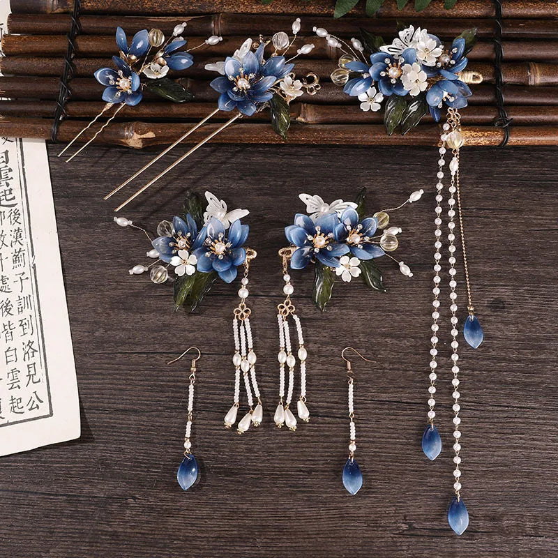 Chinese Wedding Hair Jewelry Sets Blue Flower Fringe Hairpin Clips Pearl U-shaped Step Shake Retro Han Costume Hair Accessories