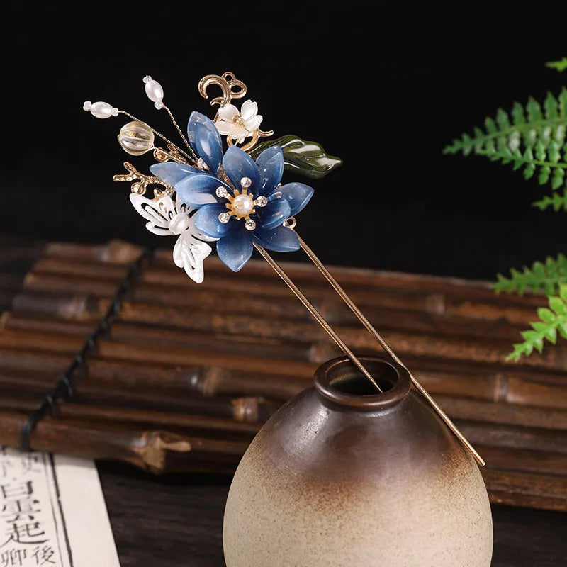 Chinese Wedding Hair Jewelry Sets Blue Flower Fringe Hairpin Clips Pearl U-shaped Step Shake Retro Han Costume Hair Accessories