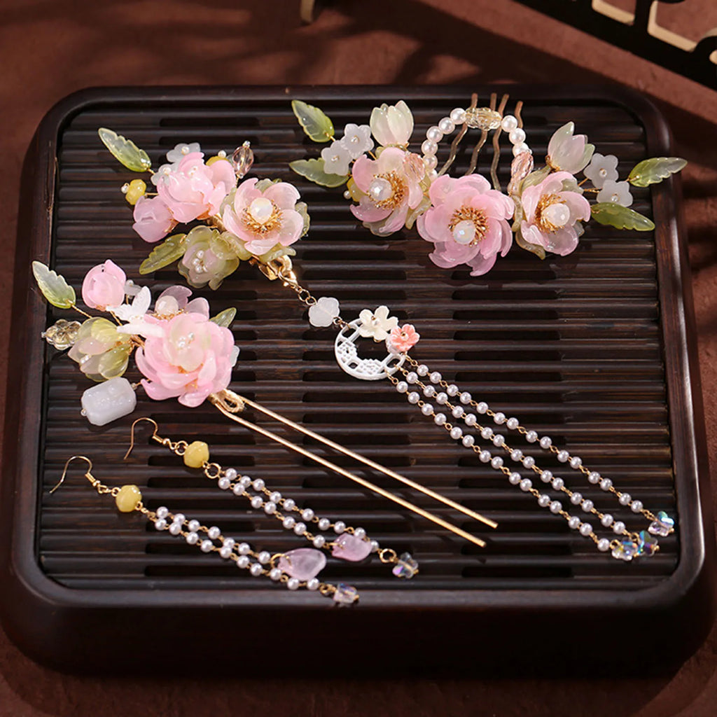 Chinese Flower Hairpin Long Tassel Step Shake Vintage Pearl Hair Clips Ancient Wedding Hair Accessories Retro Hanfu Jewelry Sets
