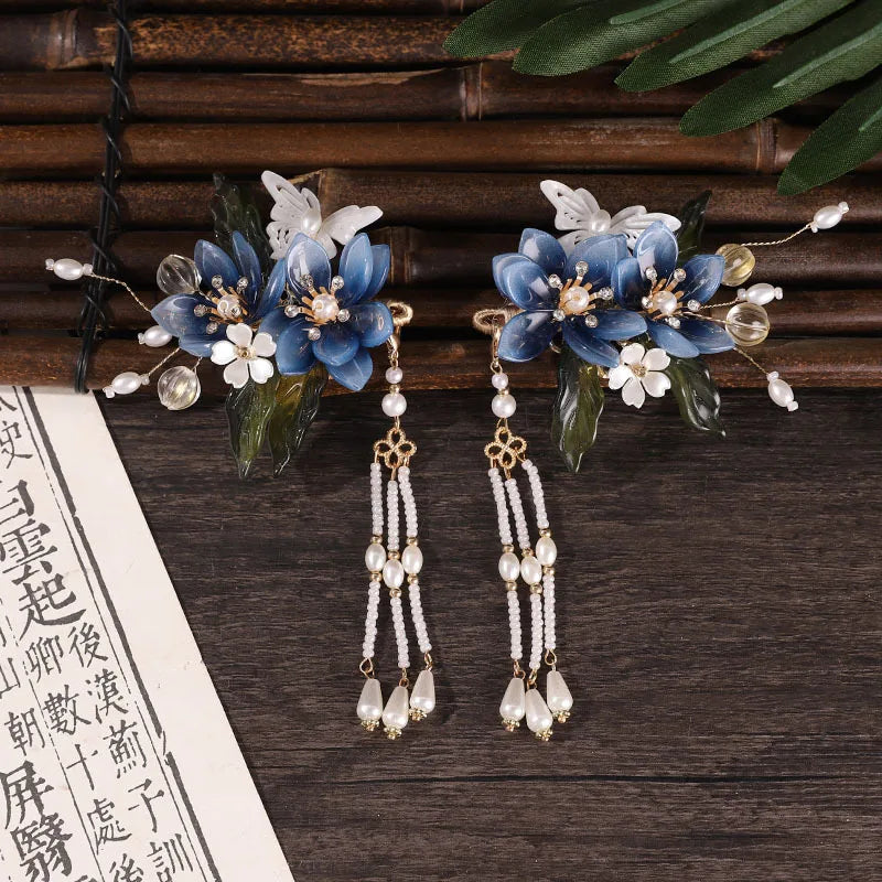 Chinese Wedding Hair Jewelry Sets Blue Flower Fringe Hairpin Clips Pearl U-shaped Step Shake Retro Han Costume Hair Accessories