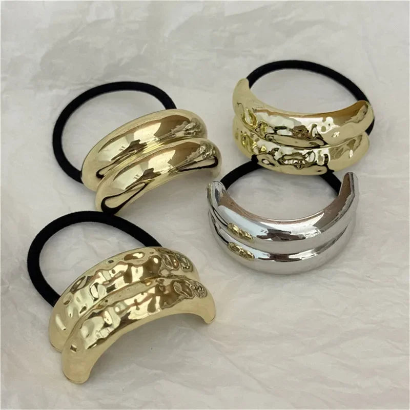 3PCS Hair Ties Irregular Geometric Charms Elastic Rubber Band Gold Silver Metal Hair Cuff Rope for Women Girls Hair Accessories