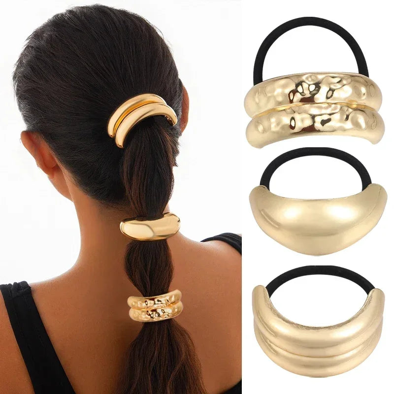 3PCS Hair Ties Irregular Geometric Charms Elastic Rubber Band Gold Silver Metal Hair Cuff Rope for Women Girls Hair Accessories