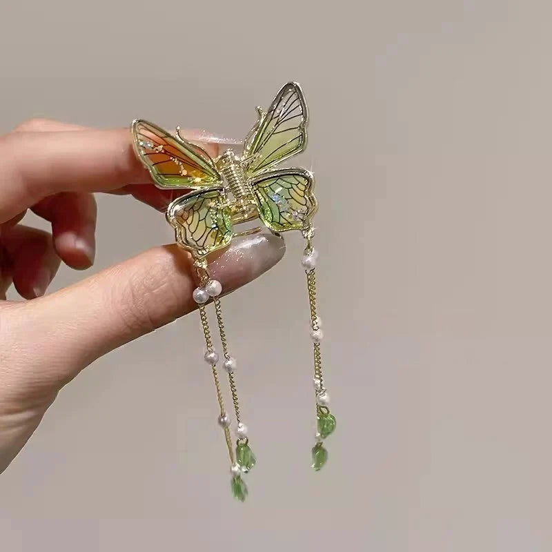 New Chinese Style Cool and Elegant Gradient, Butterfly Hair Clip New Style Pearl Tassel Light Luxury Hairpin High-end Shark Clip