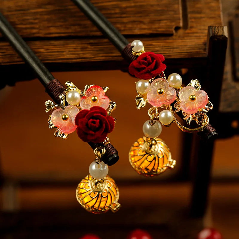 Floral Hairpin Lantern Luminous Chinese Hair Sticks For Hanfu Party Sandalwood Pearl Hair Bun Forks Vintage Hair Clasp Jewelry